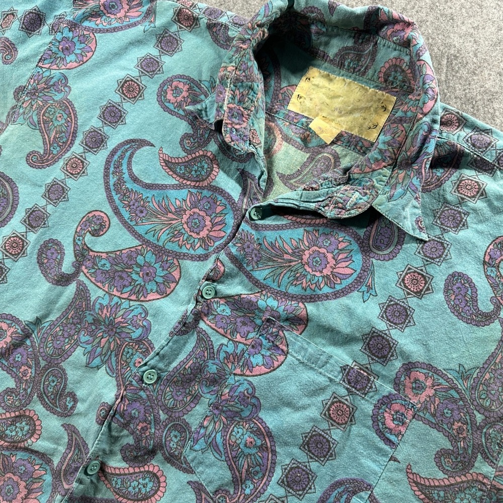 Vtg Point Zero Shirt Mens L Teal Paisley 90s Short Sleeve Cotton Well Worn